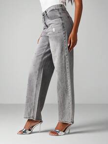 MISSGUIDED 饰有水钻细节的直筒牛仔裤，适合日常休闲穿着 - 灰色 - 查看 3