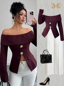 Selianne Elegancka bluzka damska z odkrytymi ramionami i rozcięciem do pracy - Brązowy - Zobacz 1