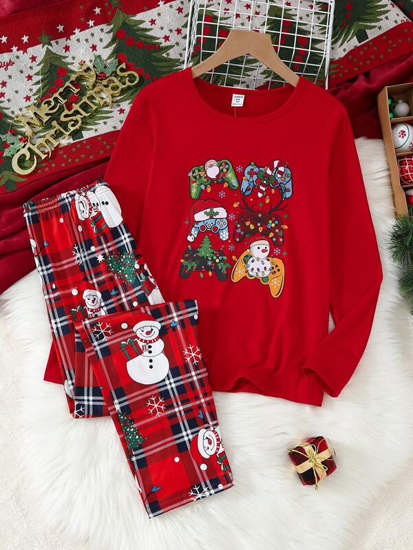 Conjunto de pijama casual y cómodo de 2 piezas con pantalón largo y cuello redondo de manga larga, estampado con gorro de Papá Noel, árbol de Navidad, consola de juegos y muñeco de nieve para adolescentes en Navidad