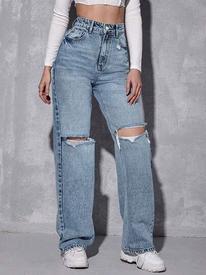 SHEIN ICON Pantalones vaqueros de mujer de mezclilla casual con bolsillo delantero y efecto desgastado