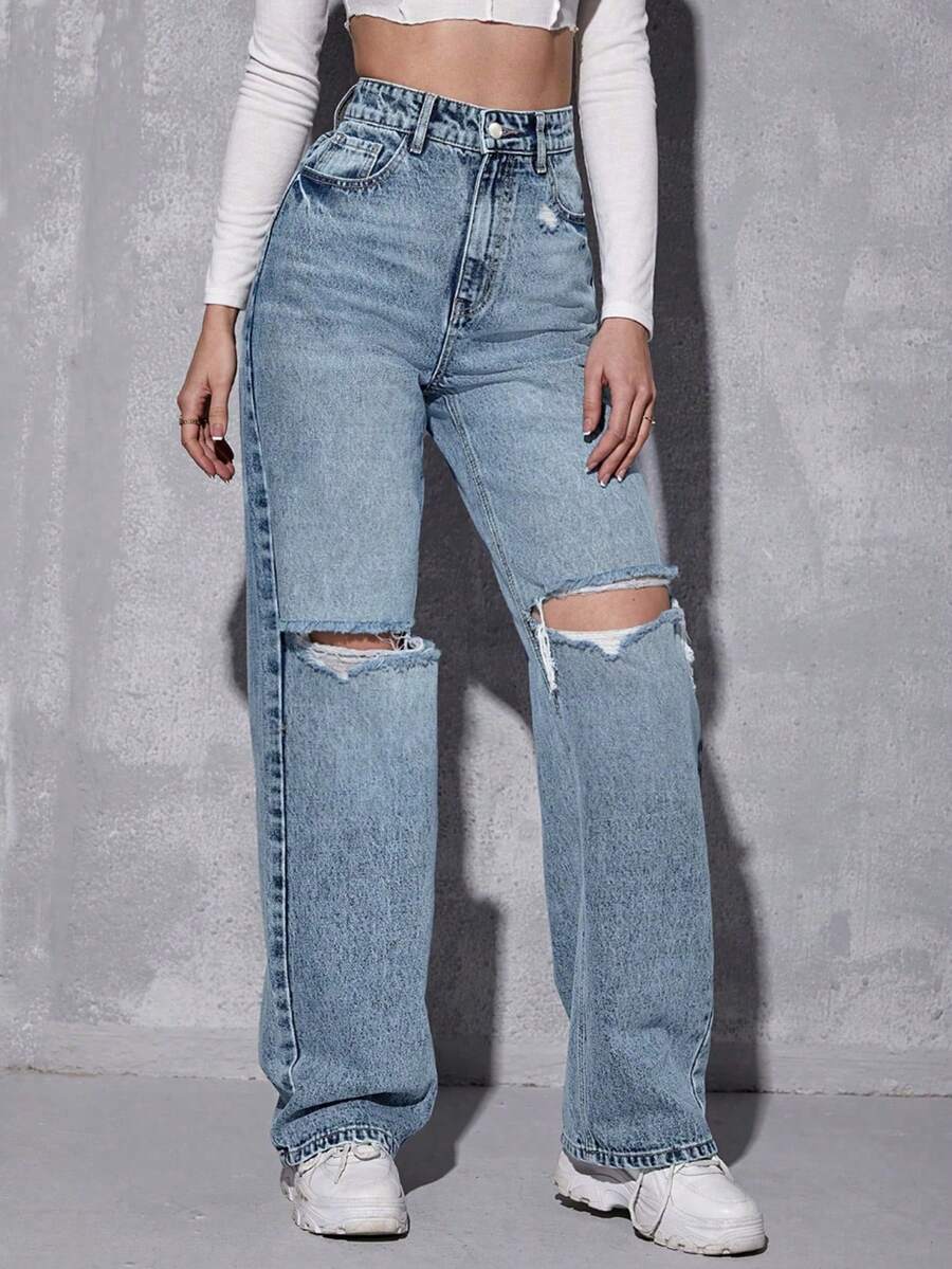 SHEIN ICON Pantalones vaqueros de mujer de mezclilla casual con bolsillo delantero y efecto desgastado - Neblina azul - Ver 1