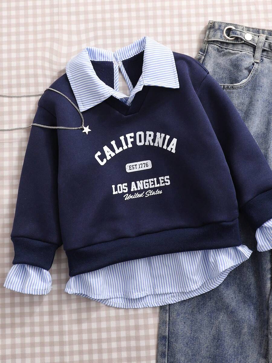 SHEIN Young Girl Casual Striped Patchwork Letter Print Sweatshirt, Autumn/Winter - Blue - View 1