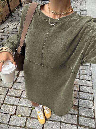 Muchica Women's New Vintage Distressed Acid-Washed Loose Long Sleeve Mini Dress Olive Dress Long Sleeve Dress Casual Dress