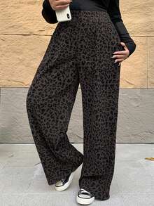 Dazy Petite Plus 松紧腰灯芯绒豹纹宽松长裤，咖啡棕色，四季皆宜 - 深灰色 - 查看 3