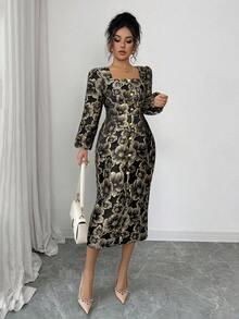 Elenzga 复古优雅金属提花方领长袖腰部收腰中长连衣裙，配珍珠纽扣装饰和前开衩 - 黑色 - 查看 4