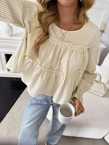 Serisse Áo sơ mi sọc nữ thường ngày, mùa thu, áo sơ mi dài tay cổ tròn, họa tiết sọc màu đào kiểu Pháp, thoải mái, phù hợp cho các buổi đi chơi ngày lễ, mua sắm và du ngoạn mùa xuân. Thích hợp để mặc bên trong các trang phục khác, mặc trong Lễ Tạ ơn dành cho nữ, mặc trong dịp năm mới dành cho nữ. - Màu be - Xem 4