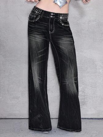 ROMWE Avant Jeans acampanados de cintura baja con diseño de remaches vintage desgastados para mujer