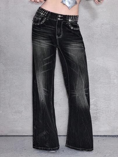 ROMWE Avant Jeans acampanados de cintura baja con diseño de remaches vintage desgastados para mujer