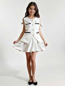 Ontre Tween Girl Contrast Color Metal Buckle Vest & Peplum Decorated Skirt 2 Pieces Set