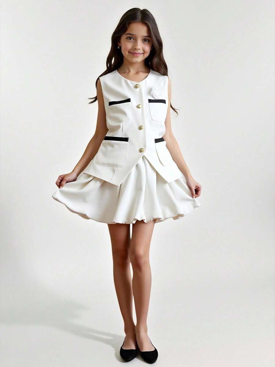 Ontre Tween Girl Contrast Color Metal Buckle Vest & Peplum Decorated Skirt 2 Pieces Set