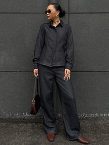 DAZY Jeans vintage taille haute jambe large, ensemble pantalon casual et chemise en jean - Jean brut - Voir 4