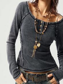 Bohemela Casual Solid Color Knit Crew Neck Long Sleeve Fitted Women T-Shirt - Black - View 3