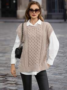 EMERY ROSE Chaleco de punto tejido de cable sin camisa - Marrón - Ver 4