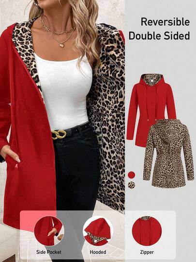 SHEIN Clasi Chaqueta con capucha casual de talla grande para mujer, con estampado de leopardo reversible y cordón ajustable en la cintura