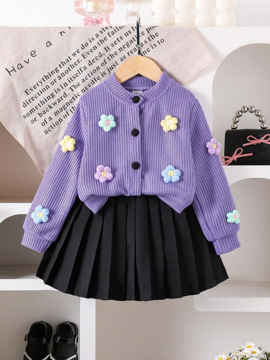 Elladie kids 女孩休闲日常针织开衫夹克,花卉图案,粉色纽扣,搭配粉色裙子,秋季户外两件套 - 紫色 - 查看 1