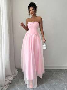 SHEIN Elenzya 优雅的粉色套装，包括带骨抹胸上衣 + 喇叭网裙，适合舞会、情人节约会、万圣节、圣诞派对、新年庆祝活动和日常通勤等正式场合，秋季 - 粉色 - 查看 5