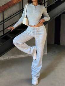 INAWLY Bộ đồ 2 món thường ngày cho nữ, áo thun tay dài cài nút màu trơn và quần cạp rút - Màu Xám nhạt - Xem 2