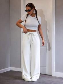 SHEIN PETITE 舒适休闲纯色针织阔腿女式运动裤 - 白色 - 查看 6