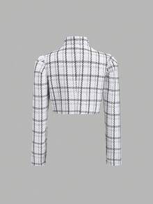 SHEIN PETITE Cardigan collet ajusté de haute qualité à carreaux noir & blanc pour femmes, automne/hiver, femmes de petite taille - Blanc - Voir 2