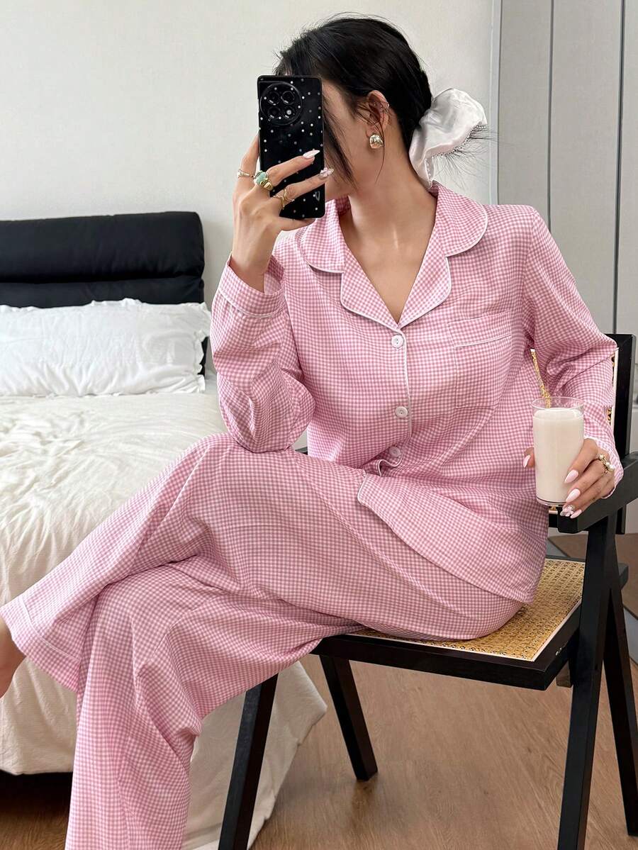 Dream Adore 女士新款格子印花休闲长袖睡衣套装,秋冬季,秋季服装 - 粉色 - 查看 1