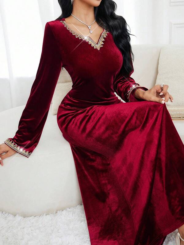 Al Najma Vestido elegante de veludo com manga comprida e estilo árabe para mulheres