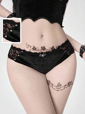 Goth Women's Gothic Velvet Studded Bat Pendant Triangle Panties