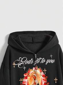 ROMWE Avant Women's Y2K Retro Baddie Unisex Basic Virgin Mary Cross Graphic Thermal Lined Zip-Up Sweatshirt - Black - View 2