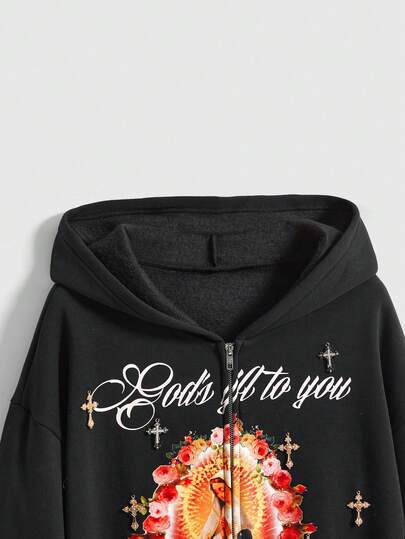 ROMWE Avant sweat-shirt à capuche zippé doublé thermique avec graphique Vierge Marie croix, style rétro Y2K baddie, unisexe