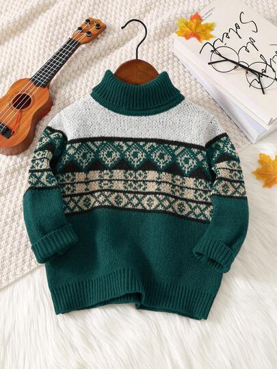 SHEIN 一件装 男童休闲舒适时尚简约实用百搭小鹿印花高领抓绒毛衣，适合上学、日常穿着、旅行、聚会、秋冬季穿着。