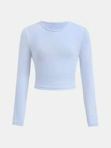 SHEIN 青少年女孩纯色露背长袖 T 恤和紧身裤运动套装，适合日常、户外、休闲运动 - 淺藍色 - 查看 6