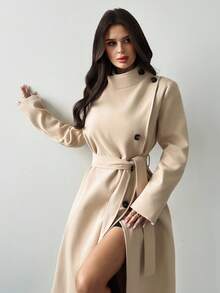 Firerie 女装优雅简约通勤休闲日常百搭立领纽扣系带中长款驼色双面呢羊毛大衣秋冬女装 - 駝色 - 查看 2