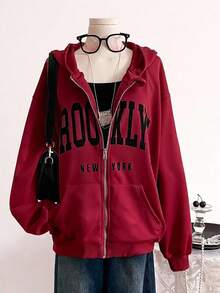 1pc Teen GirlCasual Minimalist Letter Print Pocket Zip-Up Sweatshirt Jacket, Simple Streetwear Style, Essential For Autumn/Winter - Burgundy - View 5