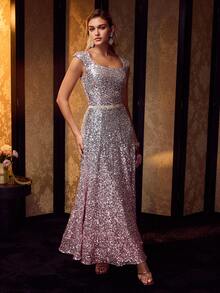 MOTF Soiréza SEQUIN OMBRE ELEGANT DRESS WITH BELT, SUITABLE FOR GODDESS PARTY, BANQUET, COCKTAIL DRESS