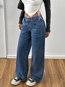 EURMUSE Mid Waist Wash Detailed Wideleg Jean Y2k Jeans Y2k Outfit 90s Outfit Women Crop Tops Y2k Jean Outfit Set - Medium Wash - View 4