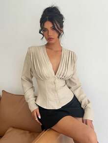 Aloruh Women's Solid Color Apricot Commuting & Formal Occasion Deep V-Neck Pleated Waist Long Sleeve Blouse - Apricot - View 7