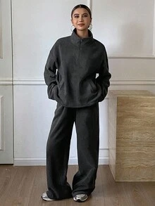 Livesso 2pcs Women's Thermal Lined Loose Fit Solid Pullover Sweatshirt And Straight Leg Sweatpants Set,Dark Grey Winter Casual Lounge Business Outfit - Dark Grey - View 5