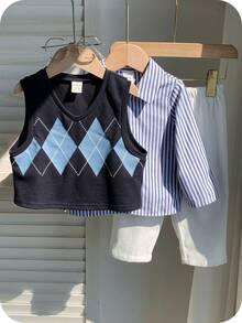 SHEIN 3 件套男婴/女婴可爱百搭菱形格子背心、条纹衬衫和裤子套装，适合生日派对、狂欢派对、晚会、表演、婚礼、迎婴派对和 1 岁生日庆祝活动 - 彩色 - 查看 6