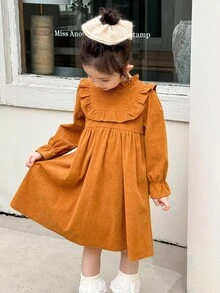 SHEIN Young Girls' Casual Ruffle Collar Long Sleeve Dress - Brown - View 1