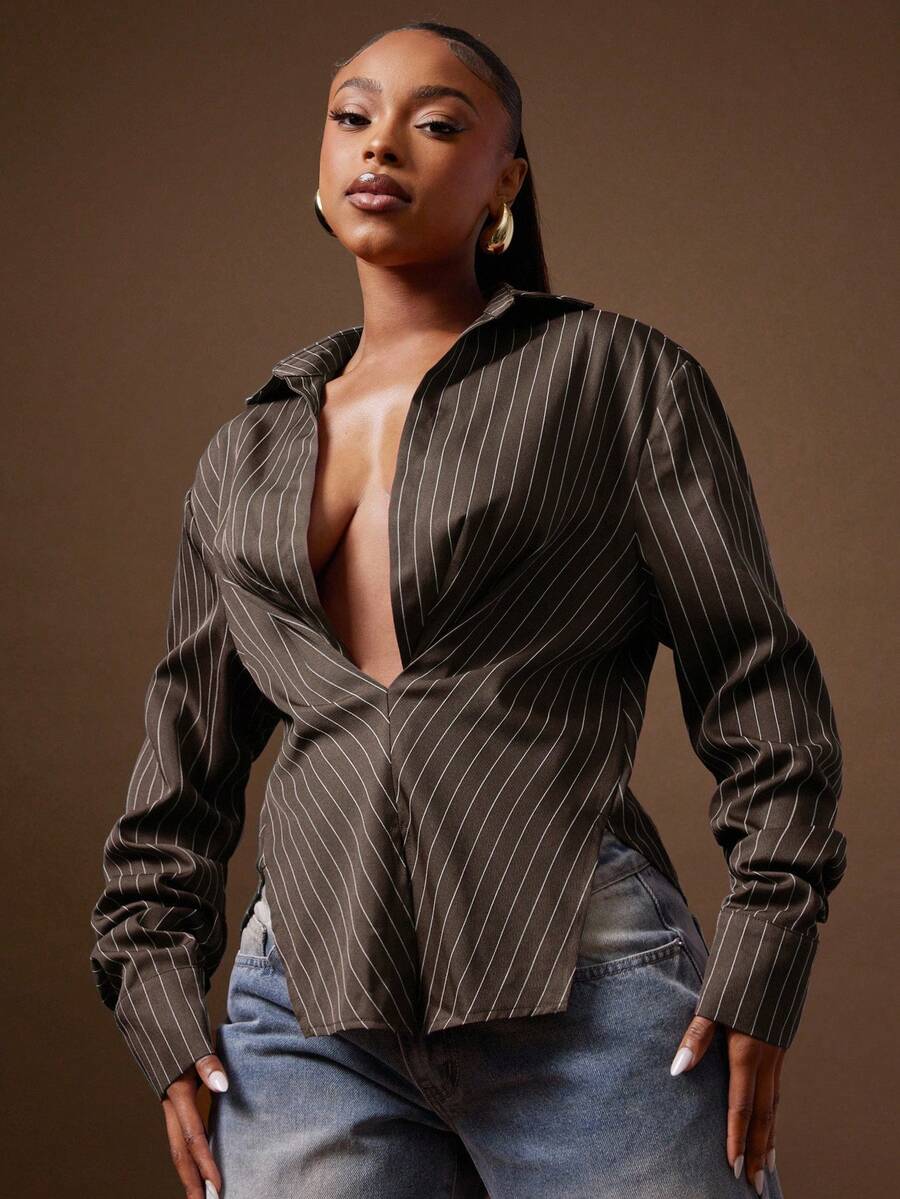 Denimoi Sexy Twisted Front Low Neck Stripe Dress Shirt, Stripe Shirt, Fashionable - Coffee Brown - View 1