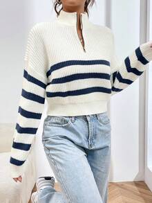 SHEIN Unity Suéter holgado y casual de mujer con rayas, manga larga de hombro caído, media cartera y cremallera, para otoño/invierno - Multicolor - Ver 4