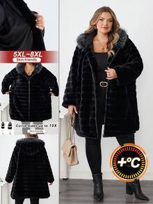 SHEIN CURVE+ 大码女式蓬松仿毛领冬季大衣 - 黑色 - 查看 1