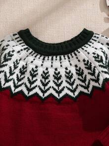 SHEIN Baby Boy Casual Minimalist Cute Green & Red Knit Sweaters, Suitable For Travel, Vacation, Home, Daycare, Autumn/Winter, Christmas, Back To School, Party, Versatile Winter Christmas Halloween Sweater Autumn Fall Jumpers - Burgundy - View 7