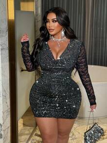Flirla Romantisches Kleid in Große Größen mit drapiertem Ausschnitt, Kontrastspitze und anliegenden Ärmeln, geeignet für Partys, Weihnachtspartys - Schwarz - Übersicht 7