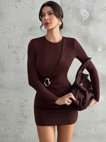 Firerie 女士优雅简约时尚通勤休闲时尚圆领金属装饰褶皱长袖紧身迷你连衣裙，秋冬