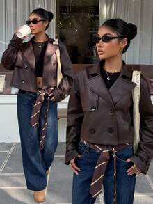 Muchica Dark Brown Suede Women's Long Sleeve Jacket In Fall/Winter - Coffee Brown - View 4