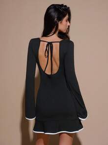 SHEIN BAE Black & White Color Block Long Sleeve Ruffle Hem Bodycon Mini Dress, Suitable For Cocktail Party, Romantic Date, Gathering, Formal Event, Bridesmaid Dress, Night Out, Halloween, Christmas,Dresses For Women Elegant,Black Dress