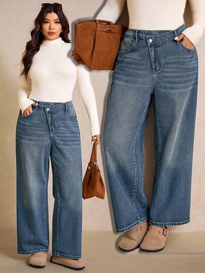 Elaquor Plus Size Asymmetrical Waist Jeans Blue High Waist Straight Pants Autumn And Winter Casual Wear, Denim Jeans, Winter Jeans For Women ,Jeans Mom Jeans