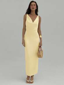 Aloruh Đầm hở lưng cổ khoét sâu màu trơn thanh lịch gợi cảm - Vàng nhạt - Xem 4