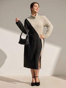 Momelise Plus Size Women High Neck Colorblock Long T-Shirt, Suitable For Outdoor, Home, And Casual Wear, Autumn/Winter - Multicolor - View 4