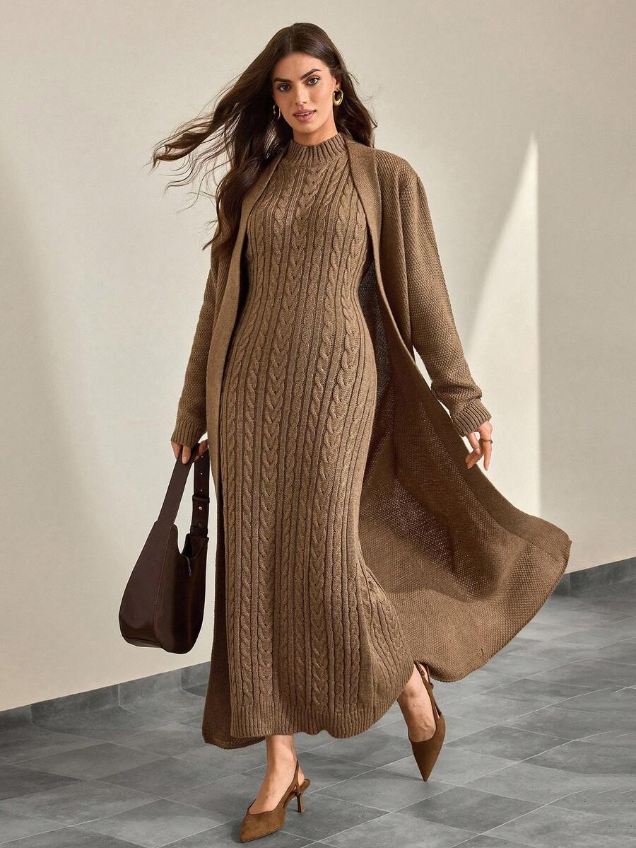 CLARA VERO Women Solid Color Textured Mock Neck Maxi Sweater Dress & Open Front Maxi Cardigan 2pcs Set
